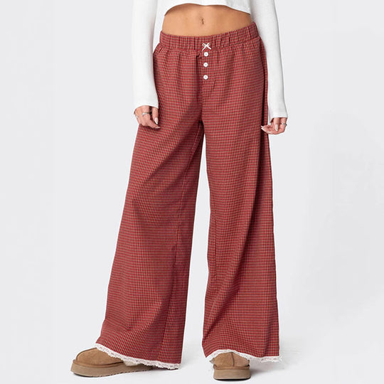 Damen Weit geschnittene Karohose mit Spitzendetails EB