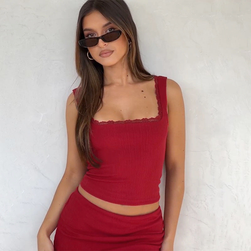 Damen figurbetontes Top mit Spitzenbesatz EB