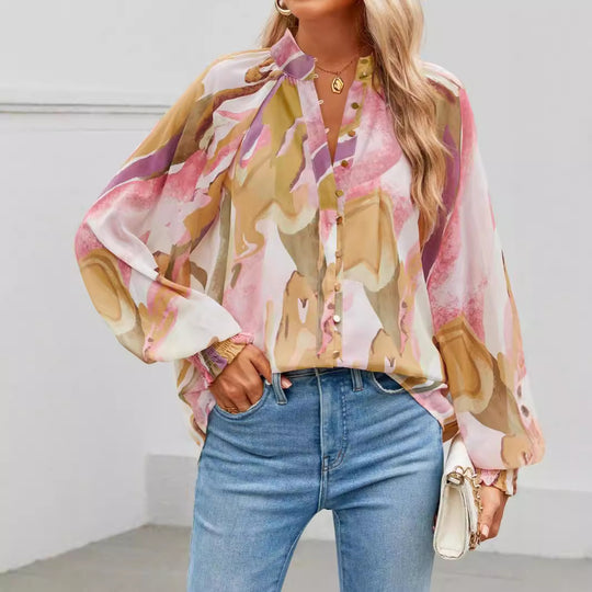 Damen Bluse mit kunstvollem Druck und geschöpften Ärmeln EB