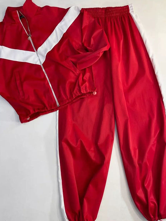 Damen nan Satin-Trackset mit Stehkragen, Chevron-Streifen und Kordelzug EB