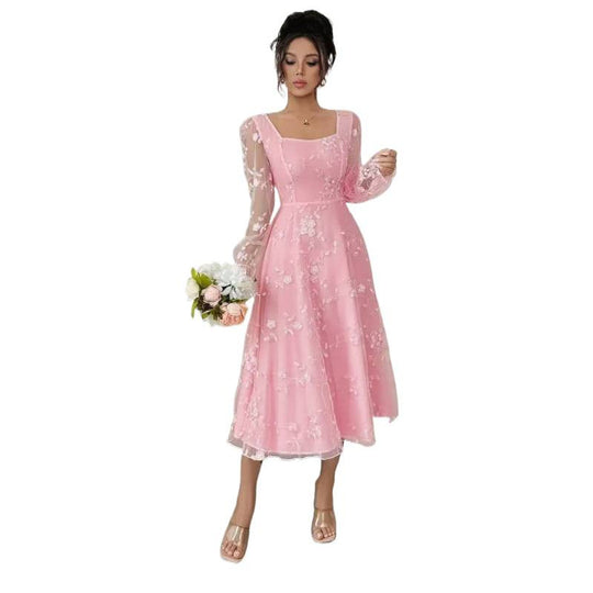 Damen Midi-Kleid mit floralen Spitzenärmeln und schwingendem Saum EB