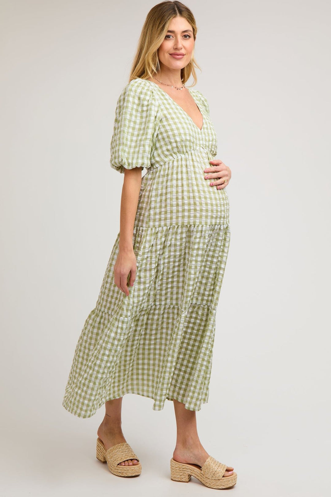 Damen Maxikleid mit voluminösen Puffärmeln und V-Ausschnitt EB