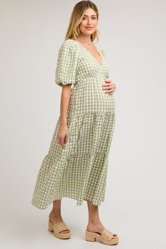 Damen Maxikleid mit voluminösen Puffärmeln und V-Ausschnitt EB