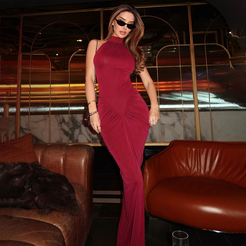Damen elegantes Maxikleid mit hochgeschlossenem Kragen und raffinierten Raffungselementen EB