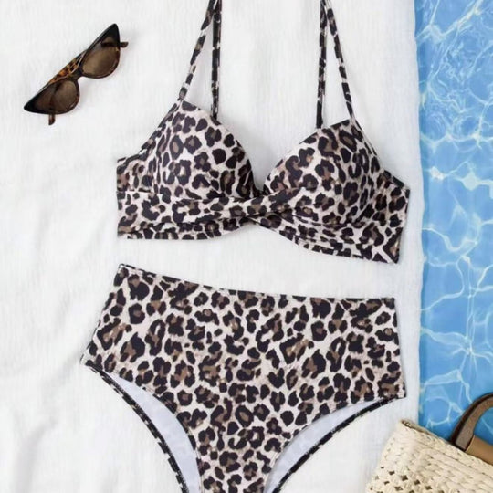 Damen Hoch tailliertes Bikini-Set mit gepolstertem Oberteil und animalischem Muster EB