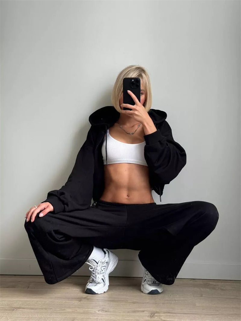 Damen nan kurz geschnittenes Zip-Hoodie und Highwaist Sweathose Lounge-Set mit Kapuze EB
