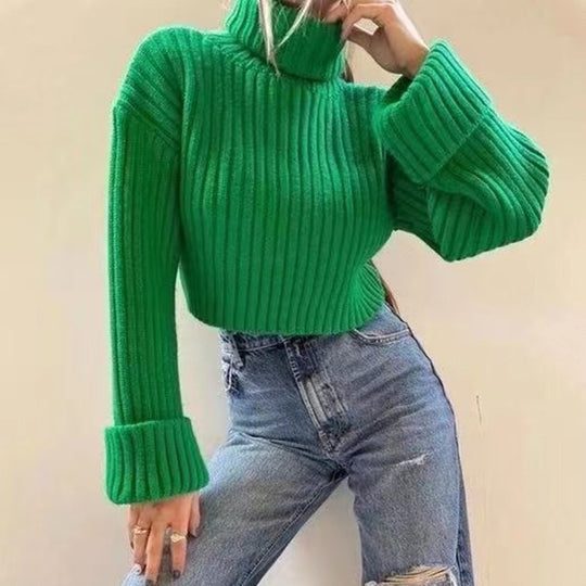 Damen Crop-Pullover mit hohem Kragen und asymmetrischem Schnitt EB