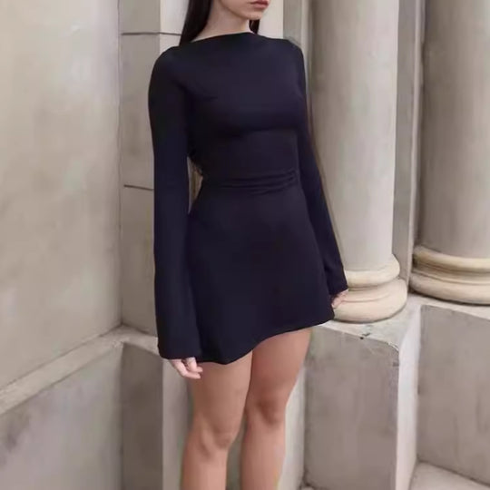 Damen elegantes Rüschen-Minikleid mit langen Ärmeln EB