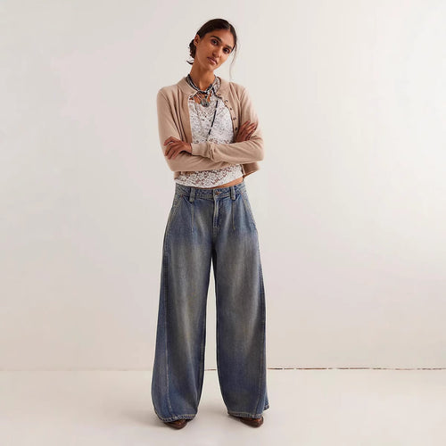 Damen Weit geschnittene Jeans mit hoch tailliertem Design und lässigem Schnitt EB