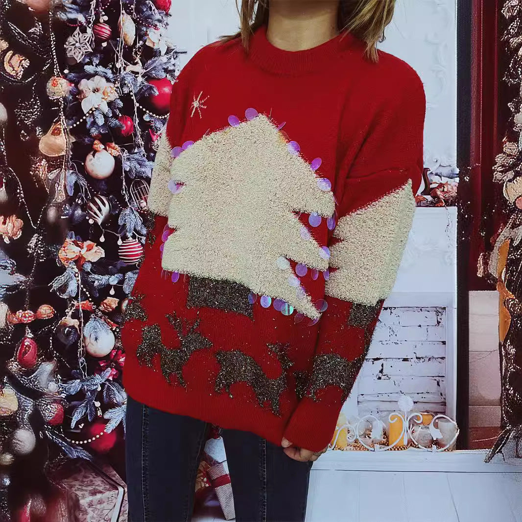 Damen festlicher Pullover mit weihnachtlichem Motiv und Glitzerapplikationen EB