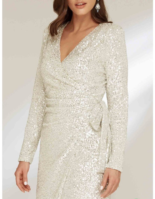 Damen Glamouröses Pailletten-Kleid mit Wickeloptik und langen Ärmeln EB