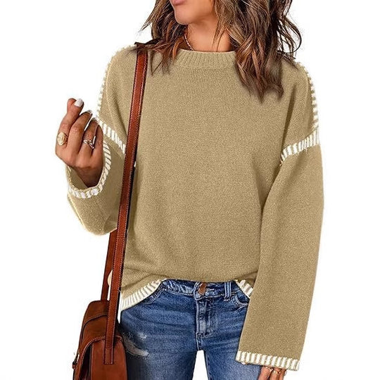 Damen modischer Pullover mit strukturiertem Material und streifenförmigen Details EB