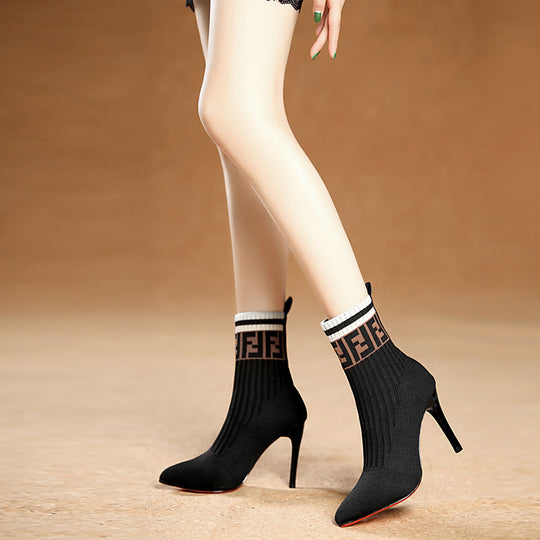 Damen nan elegante Strick-Socken-Stiefelette mit schmalem Stilettoabsatz und elastischem Schaft EB