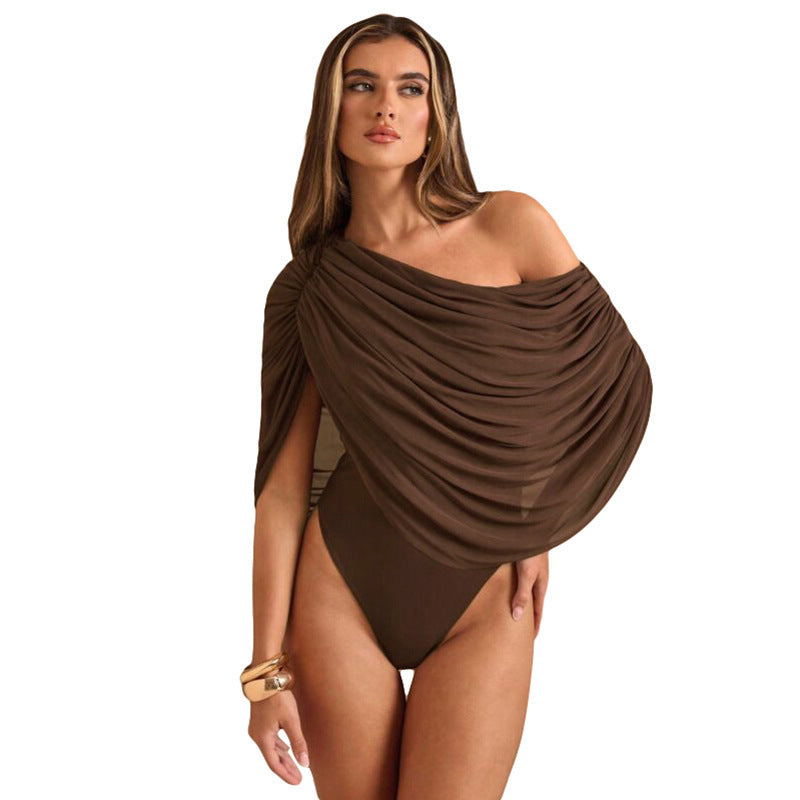 Damen Einseitiger Chiffon-Bodysuit mit Drapierungen EB