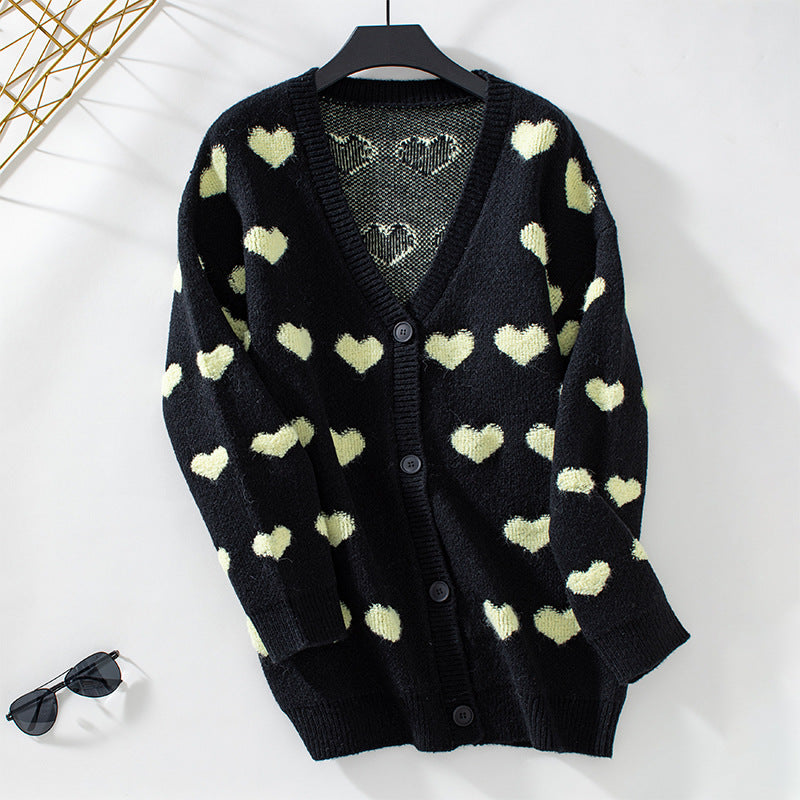 Damen gemütliche Strickjacke mit Herzmuster und V-Ausschnitt EB
