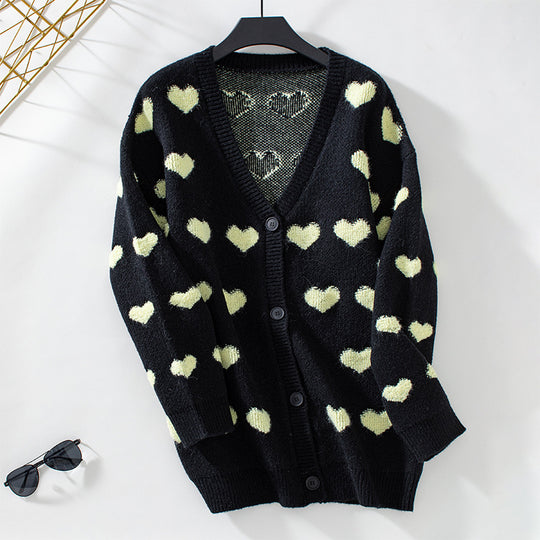 Damen gemütliche Strickjacke mit Herzmuster und V-Ausschnitt EB