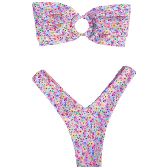 Damen Bandeau-Bikini mit Blumenmuster und Schlaufen-Detail EB