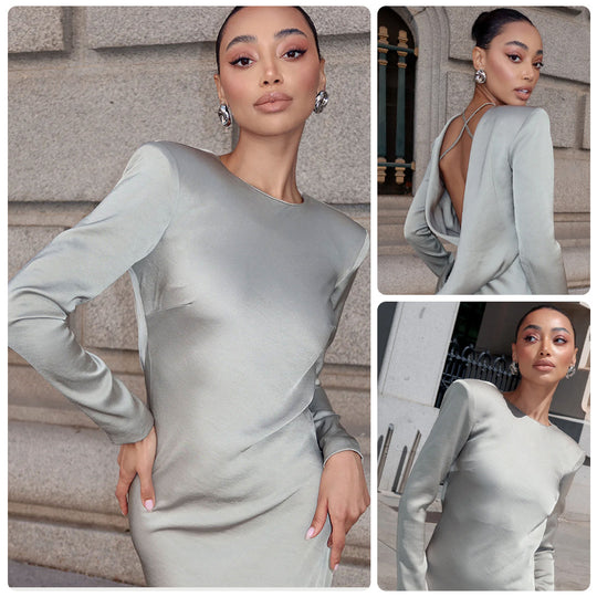 Damen Elegantes Langarmkleid mit glänzendem Satin-Obermaterial und figurbetonter Silhouette EB
