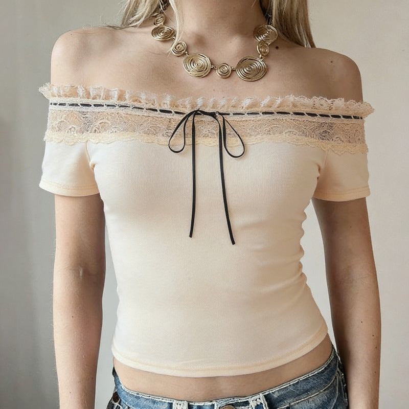 Damen Off-Shoulder Oberteil mit Spitzenverzierungen und taillierter Passform EB