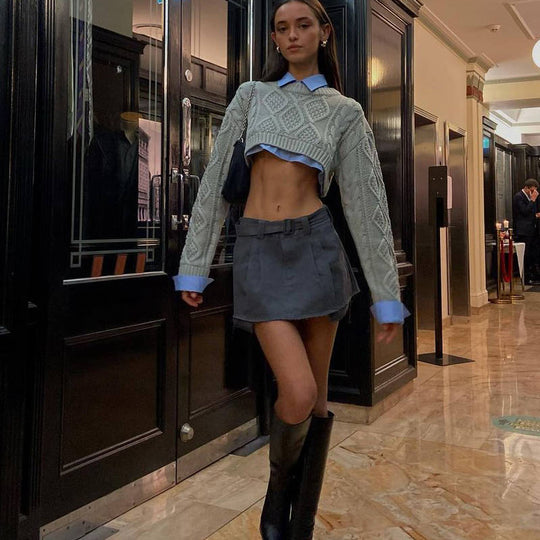 Damen Strickpullover im lässigen Cropped-Stil mit Zopfmuster EB