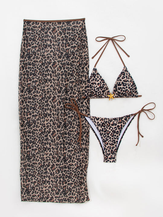 Damen Triangel-Bikini mit elegantem Wickelrock und tierischem Muster EB