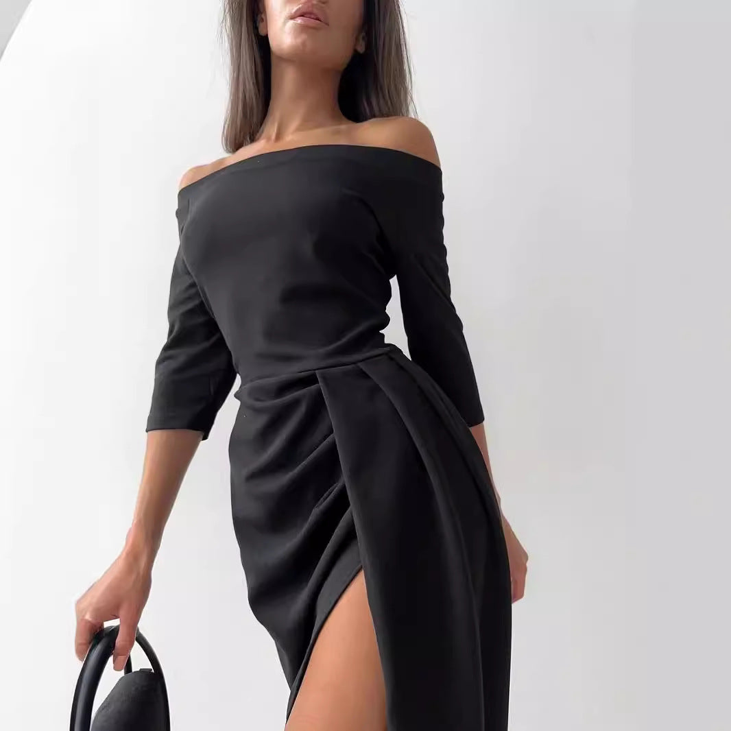 Damen Off-Shoulder Kleid mit asymmetrischem Schnitt und Drapierung EB