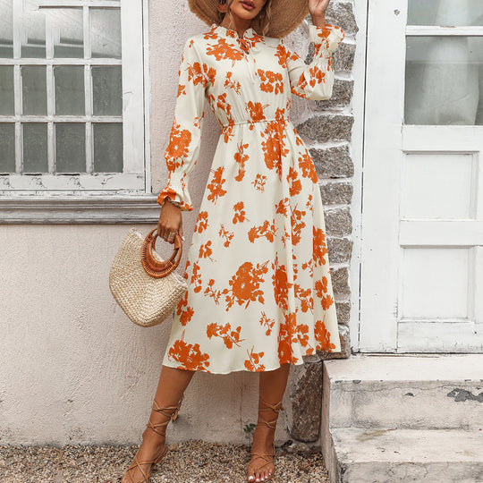 Damen Maxikleid mit floralem Print und angenähtem Bindeband EB