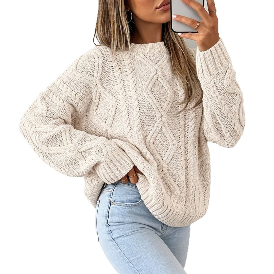 Damen Oversize Flechtstrick-Pullover mit Zopfmuster und Rundhals EB