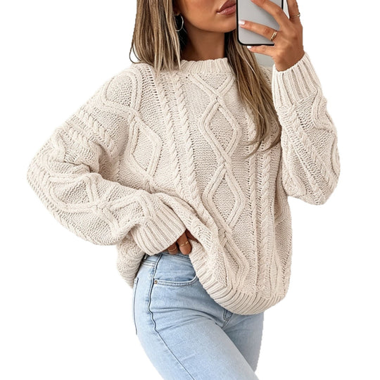 Damen Oversize Flechtstrick-Pullover mit Zopfmuster und Rundhals EB