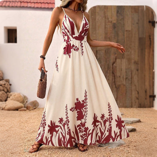 Damen Maxikleid mit tiefem V-Ausschnitt und floraler Applikation EB