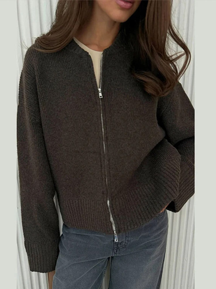 Damen lässige Strickjacke mit hohem Kragen und Reißverschluss EB