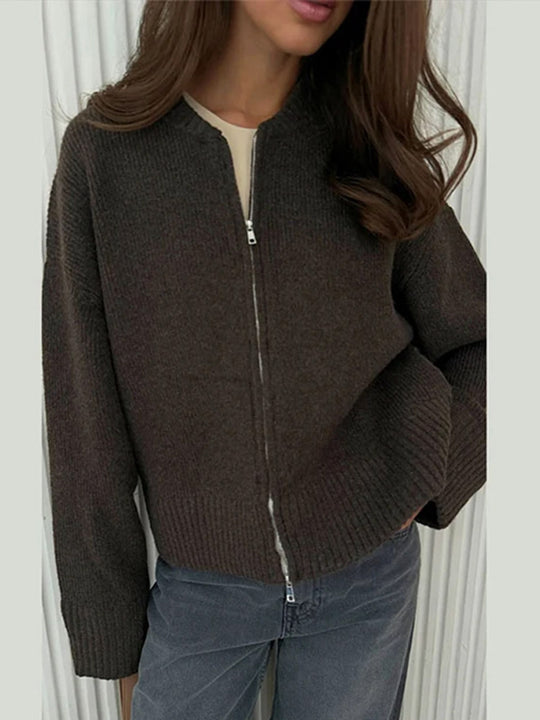 Damen lässige Strickjacke mit hohem Kragen und Reißverschluss EB