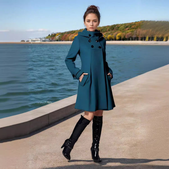 Damen eleganter Wollmantel mit modernem Kragen und praktischen Taschen EB