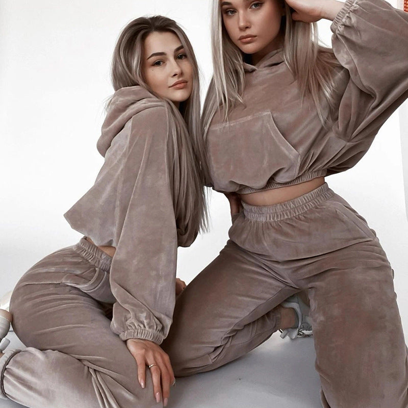 Damen Samt-Cropped-Loungewear-Set mit Kapuzenpullover und elastischer High-Waist-Jogginghose EB