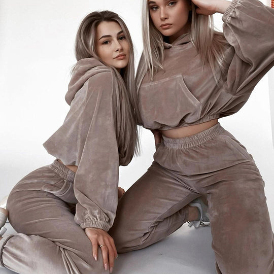 Damen Samt-Cropped-Loungewear-Set mit Kapuzenpullover und elastischer High-Waist-Jogginghose EB