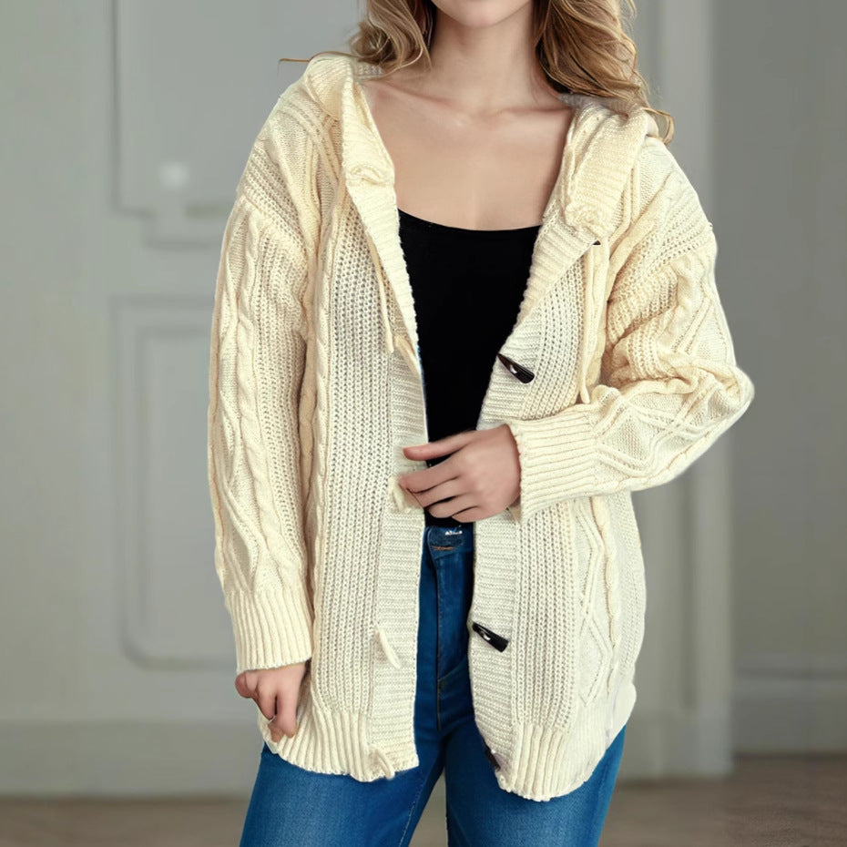 Damen Grobstrickjacke mit Kapuze und Zopfmuster EB