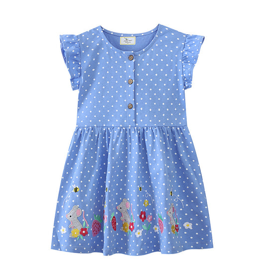 Mädchen Freizeitkleid mit niedlichen Mäuse- und Blumenstickereien EB