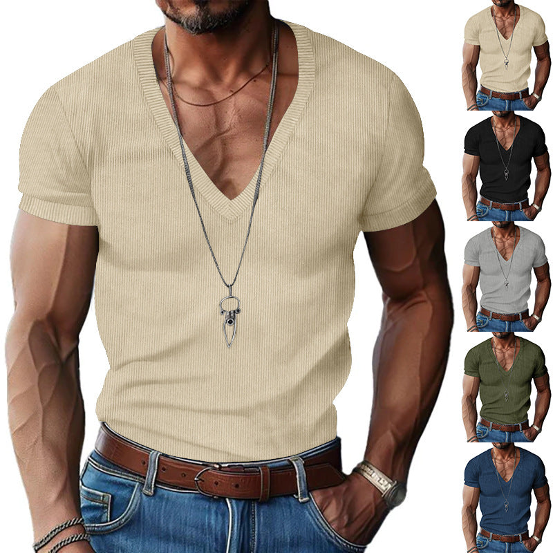 Herren nan strukturiertes V-Ausschnitt-Rippjersey-Shirt mit kurzem Arm und körpernaher Passform EB