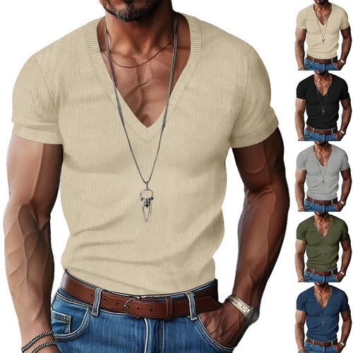 Herren nan strukturiertes V-Ausschnitt-Rippjersey-Shirt mit kurzem Arm und körpernaher Passform EB