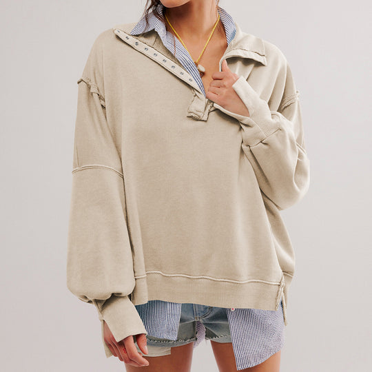 Damen Oversize Pullover mit Kragen und Druckknöpfen EB