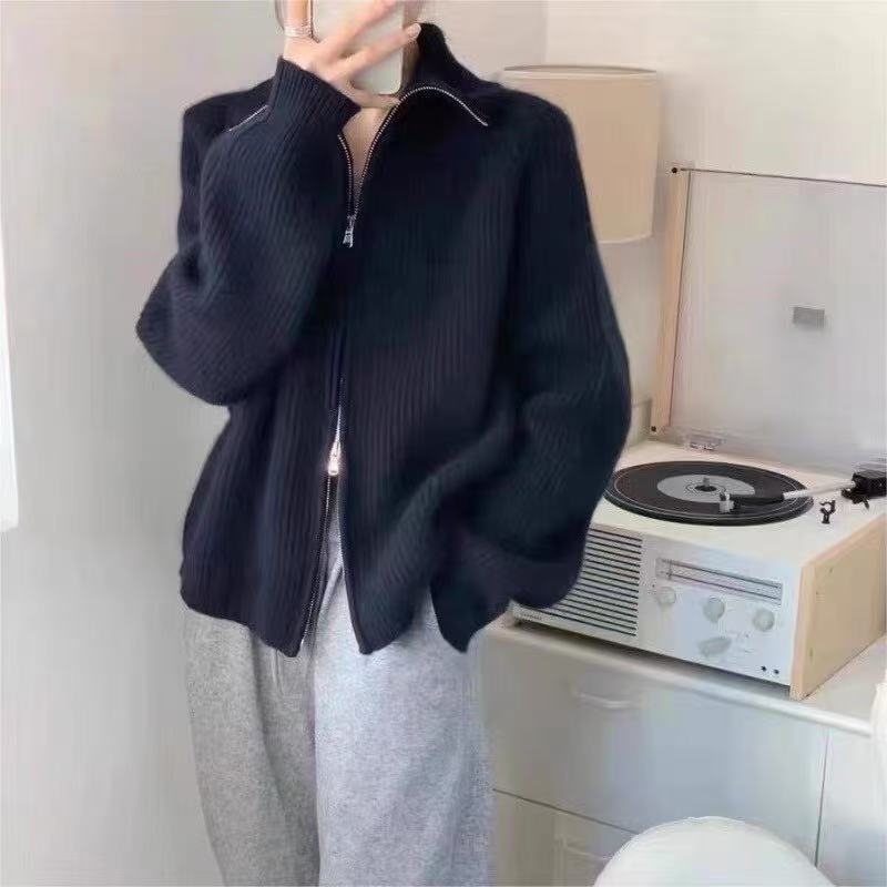 Damen Strickjacke mit hohem Kragen und durchgehendem Reißverschluss EB