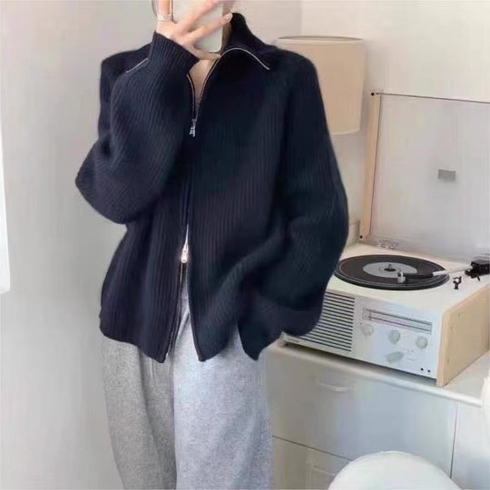 Damen Strickjacke mit hohem Kragen und durchgehendem Reißverschluss EB