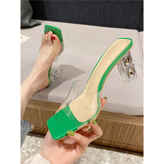 Damen transparente High Heel Mules mit geschmackvollem Design EB