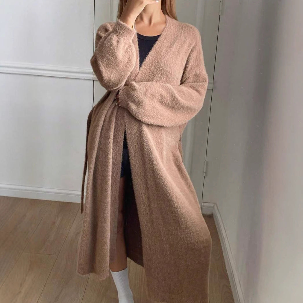 Damen Langer Wickel-Cardigan in Flausch-Optik mit Bindegürtel EB