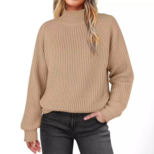 Damen modischer Strickpullover mit hohem Kragen und strukturierter Oberfläche EB