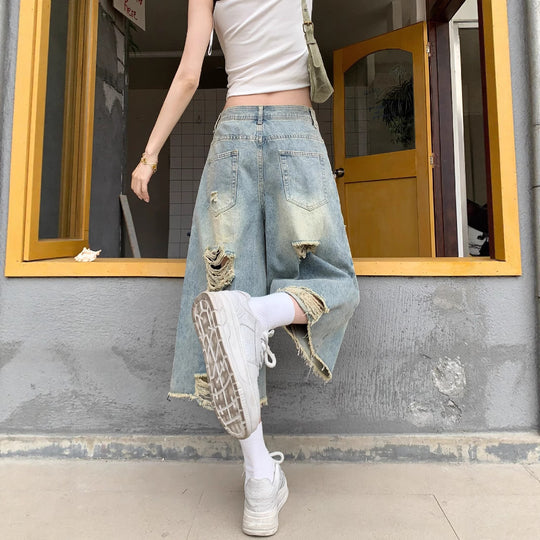 Damen Weite Denim-Culotte mit modischen Rissdetails und lässigem Schnitt EB