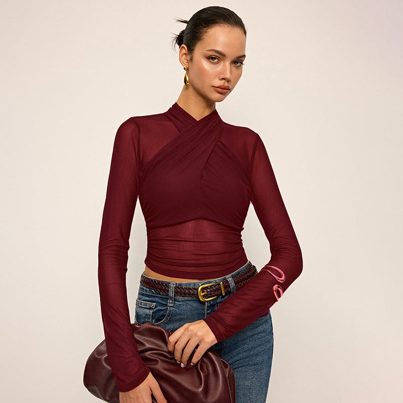 Damen Elegantes Wickeloberteil mit transparentem Stoff und langen Ärmeln EB