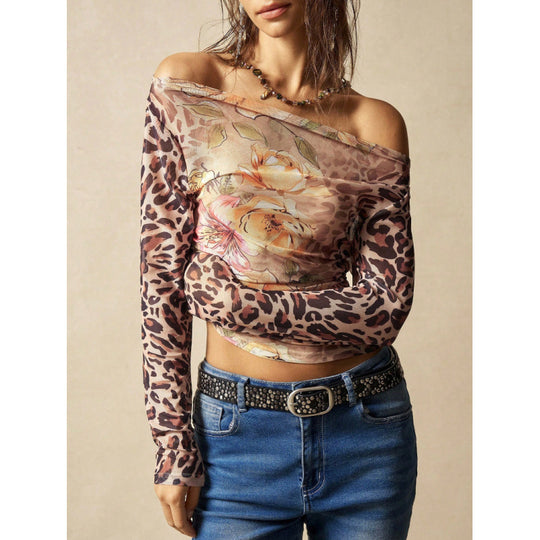 Damen Langarmshirt mit raffiniertem Raffungseffekt und animalischem Druck EB