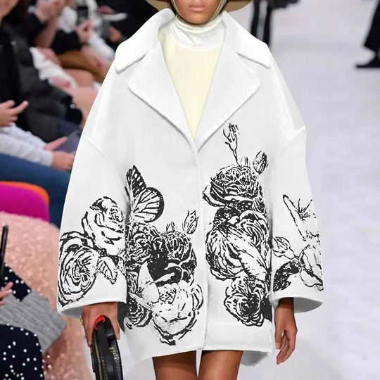 Damen Oversized Wollmix-Mantel mit floraler Print- und Stickerei-Optik EB