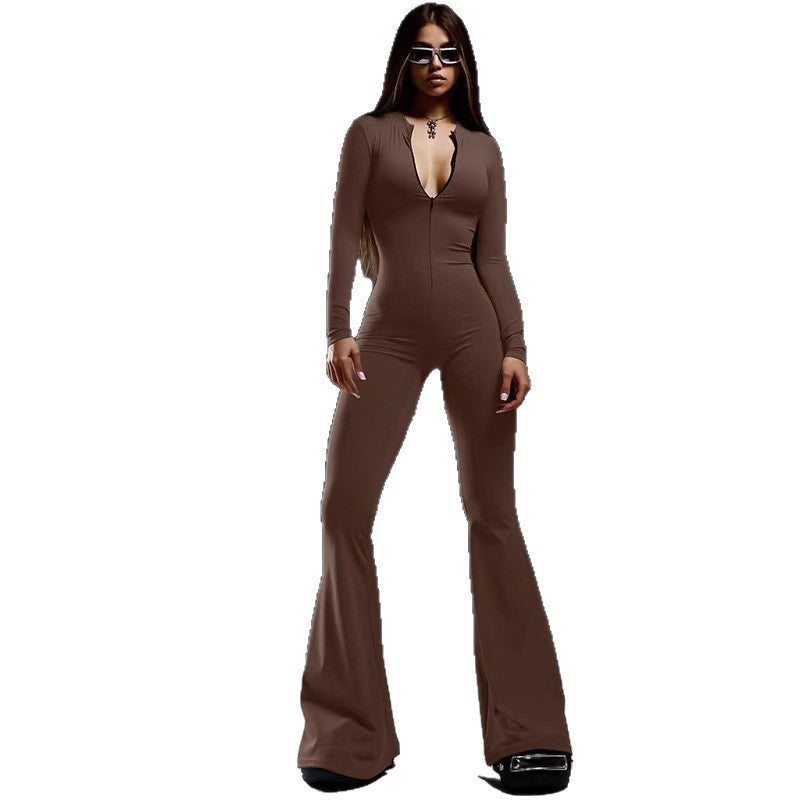 Damen Figurbetonter Jumpsuit mit tiefem V-Ausschnitt und ausgestellten Beinen EB